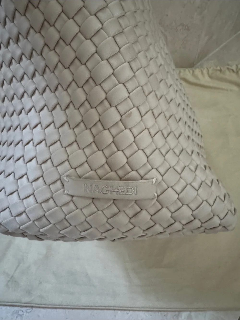 Naghedi medium Woven Top-Handle Tote with Matching Pouch in cream